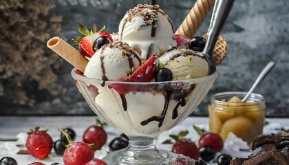 Ice cream with fruits and side dishes