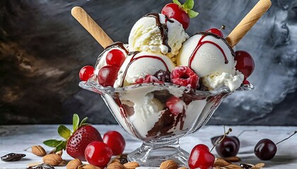 Ice cream with fruits and side dishes