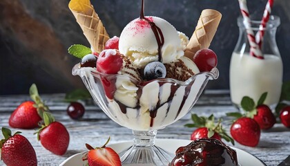 Ice cream with fruits and side dishes