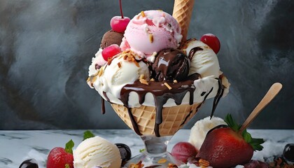Ice cream with fruits and side dishes