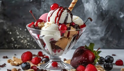Ice cream with fruits and side dishes