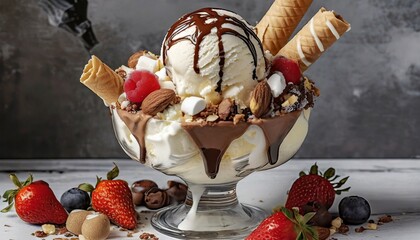 Ice cream with fruits and side dishes