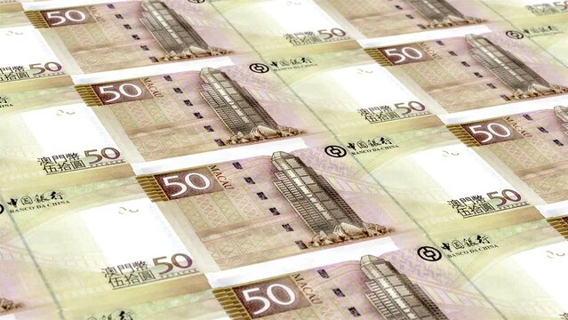 Macau Macao Avos Patacas 50 Banknotes Money Printing House, Printing Fifty Macao Avos Patacas, Printing Press Machine Print out Macao Avos Patacas, Being printed by currency press machine 50