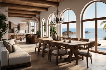 Fototapeta premium Luxury Mediterranean Dining Room With Amazing Sea View