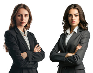 Portrait business woman in suit, crossed arms isolated on white or transparent background.