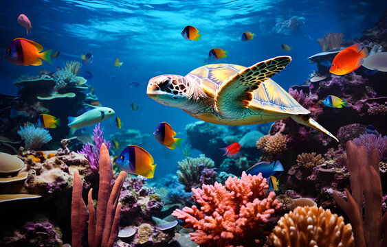 Turtle swimming in the sea background. Beautiful underwater world with corals and tropical fish. underwater background