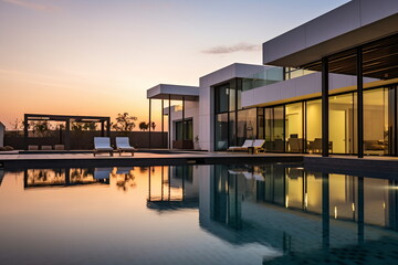 Modern villa with pool at sunset