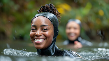 Black african american friends exercising, cold water swimming, 