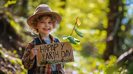 A little boy in the woods holding a poster of happy earth day, Generative AI.