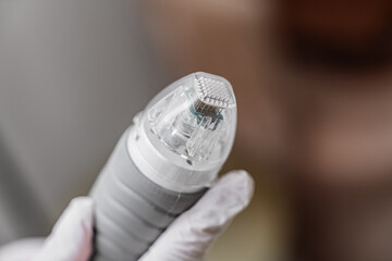 Microneedle RF lifting procedure. close up