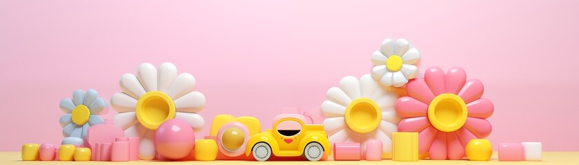 banner toy flowers car yellow white pink for summer