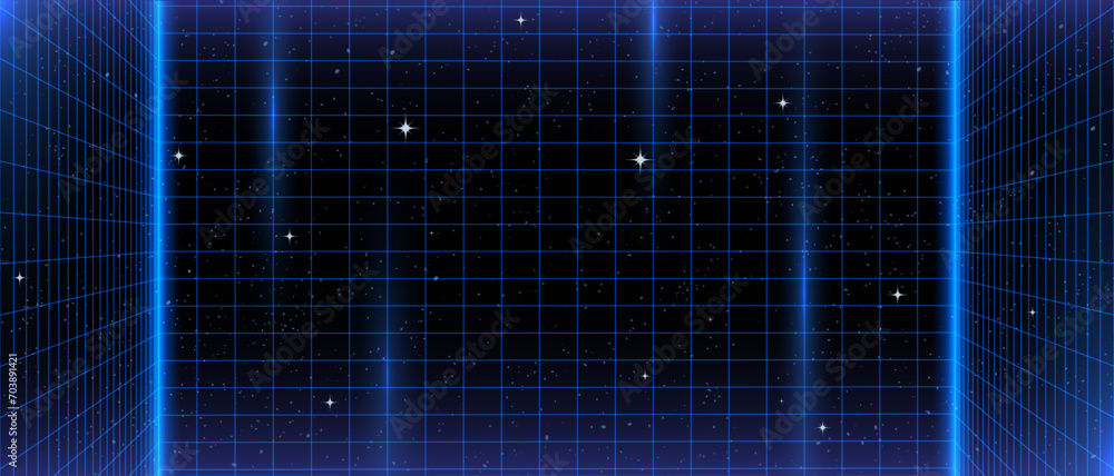 Aufkleber 80s retro sci-fi background futuristic grid landscape. digital cyber surface style of the 1980`s. do