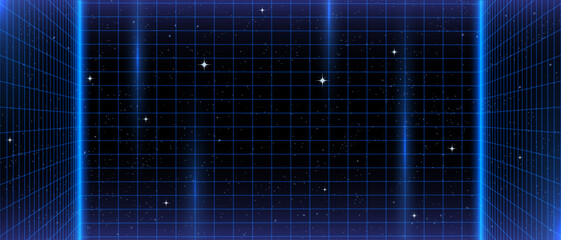 80s Retro Sci-Fi Background Futuristic Grid landscape. Digital cyber surface style of the 1980`s. Double infinite grid and lights forward. Synthwave wireframe net illustration. 80s, 90s cyber grid