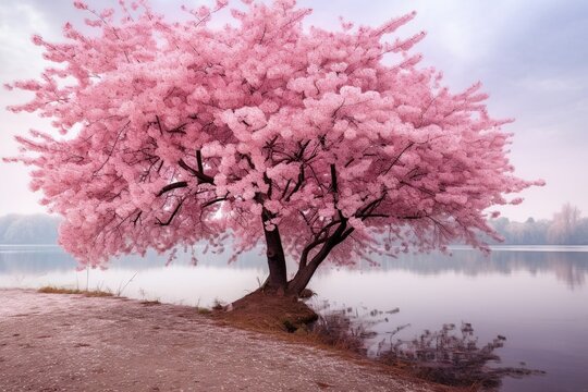 Pink sakura on the island near the lake, image made with generative ai technology.