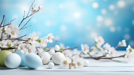 Easter delight: pastel-colored egg-crate, vibrant easter eggs, bokeh, and spring blossom branches on blue background – front view with ample copy space for your design