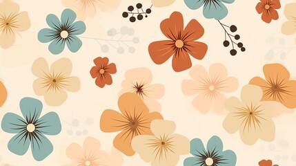 seamless pattern. Groovy flowers, hippie aesthetic.Seamless vintage retro pattern with flowers, leaves, twigs and other elements of nature in light beige shades.Psychedelic wallpaper. 