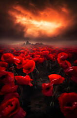 Field of poppies at sunset. Beautiful field of red poppies with selective focus. Red poppies in soft light. Opium poppy. - obrazy, fototapety, plakaty