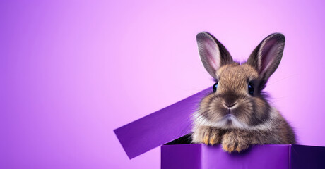 Obraz premium decorative bunny, rabbit sitting ,purple gift box copy space