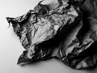 texture of crumpled black paper on a white background with copy space