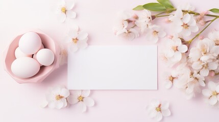 Easter delight: copy space on white background, mockup with pink spring flowers, eggs, and heart elements