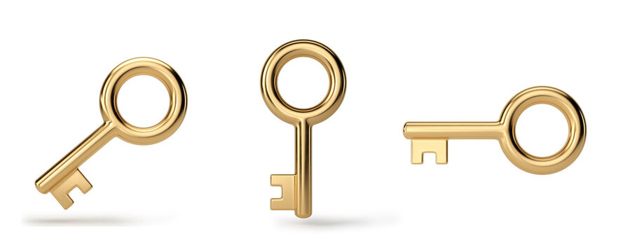 Gold keys on a white background. 3D illustration.