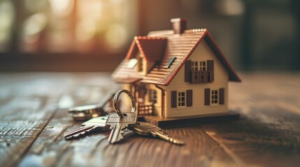 A miniature model of a cozy tiny house with a set of silver keys placed beside it, symbolizing the concept of purchasing a small home or property in the real estate market. - obrazy, fototapety, plakaty