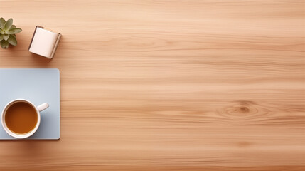 Top view of Office yellow table workspace with office supplies and copy space in table top view, hand holding paintbrush,  illustration of a cup of tea with spoon, Ai generated image  