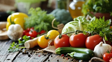 A variety of fresh, healthy low-calorie diet ingredients including fruits, vegetables, lean proteins, and whole grains artfully arranged on a clean surface.