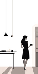  A woman standing in the kitchen and holding a cup of coffee. Black and white illustration.