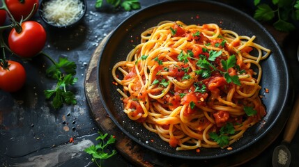Delicious spaghetti with tomato sauce in a black plate on a black table For use as a menu in restaurants or use as a background for food items