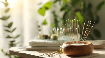 An organized display of various-sized acupuncture needles on a specialized stand, ready for use in traditional Chinese medicine therapy sessions. - obrazy, fototapety, plakaty