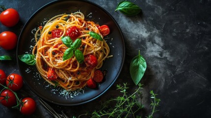 Delicious spaghetti with tomato sauce in a black plate on a black table For use as a menu in restaurants or use as a background for food items