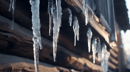 A close-up of icicles hanging from a rustic wooden house's eaves. - obrazy, fototapety, plakaty