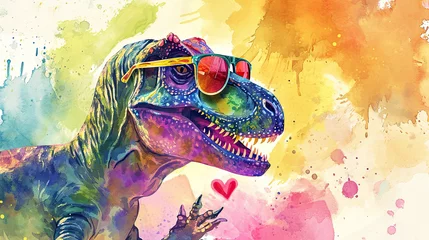 Foto op Aluminium Cute dinosaur baby T-rex with heart. Holiday banner. Watercolor hand drawing. Birthday greeting card © bit24