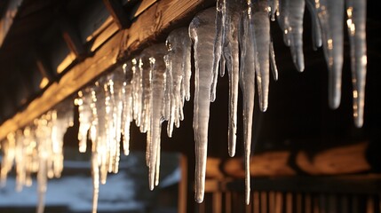 A close-up of icicles hanging from a rustic wooden house's eaves.