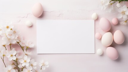Naklejka na ściany i meble Easter greeting card mockup: pastel pink spring blossoms, eggs, and hearts on white background (top view, copy space)