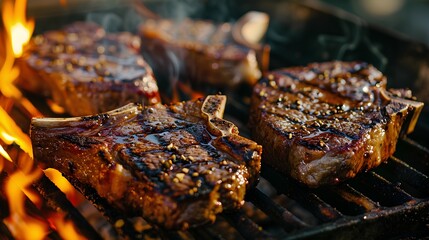 Juicy T-Bone steaks with grill marks cooking over a hot charcoal flame on a barbecue grill, smoke rising, outdoor summer BBQ concept. - obrazy, fototapety, plakaty
