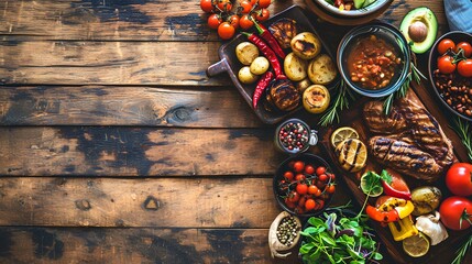 A vibrant summer BBQ or picnic scene featuring succulent grilled meats paired with a colorful array of fresh vegetables, all artfully arranged with ample copy space for text. - obrazy, fototapety, plakaty