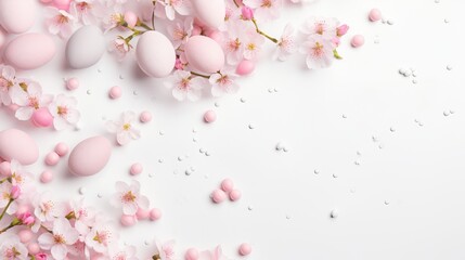 Obraz na płótnie Canvas Easter greeting card mockup: pastel pink spring blossoms, eggs, and hearts on white background (top view, copy space)