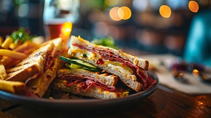 Cheese, cucumber, tomato, and smoked bacon club sandwich in an up close shot, delicious, Generative AI.