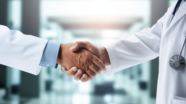 Human tolerance. Unrecognizable multicolor male hands shaking isolated, Two nice doctor hands shaking hands front view in hospital peoples blurred background, Ai generated image