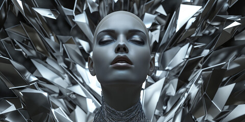 Hübsches Gesicht einer Frau mit Glatze im futuristischen Stil und Kleidung als Nahaufnahme, ai generativ - obrazy, fototapety, plakaty