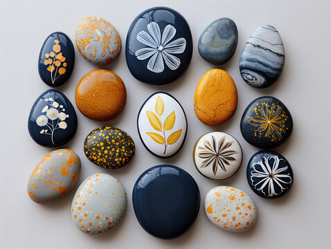 A group of painted rocks sitting on top of a table, ornate mandalas painted on smooth stones