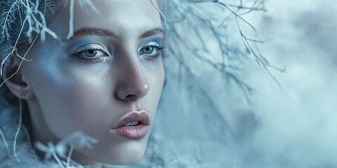 Hübsches Gesicht einer Frau im futuristischen blauen Licht als Nahaufnahme, ai generativ