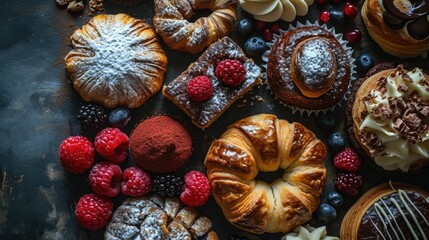 Cinematic shot of sweet pastry assortment top view daylight, Generative AI.