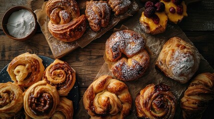 Cinematic shot of sweet pastry assortment top view daylight, Generative AI.