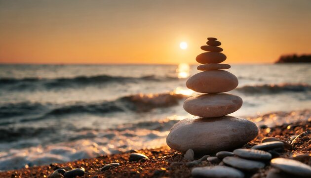 a serene and calming instrumental music track that complements the Zen concept of a stack of stones on the sea shore at sunset.