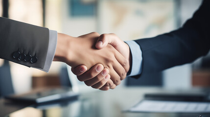 Trusted partnership, business people shaking hands on the background of the office, Two nice hands shaking hands front view in office blurred background, Ai generated image - Powered by Adobe
