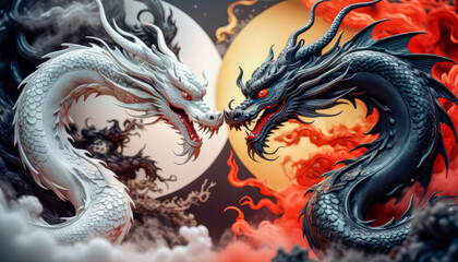 Dragons Yin and Yang, warriors of opposites. Two fantastic Chinese dragons. Year of the Dragon according to the eastern horoscope © abrilla