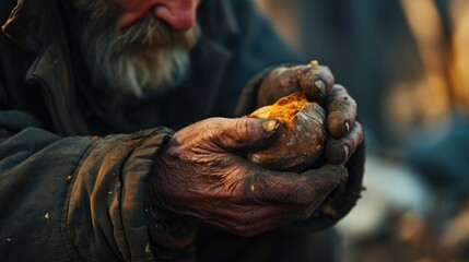 Close shot of a bagger holding a bread with dirty hand in street, Generative AI,